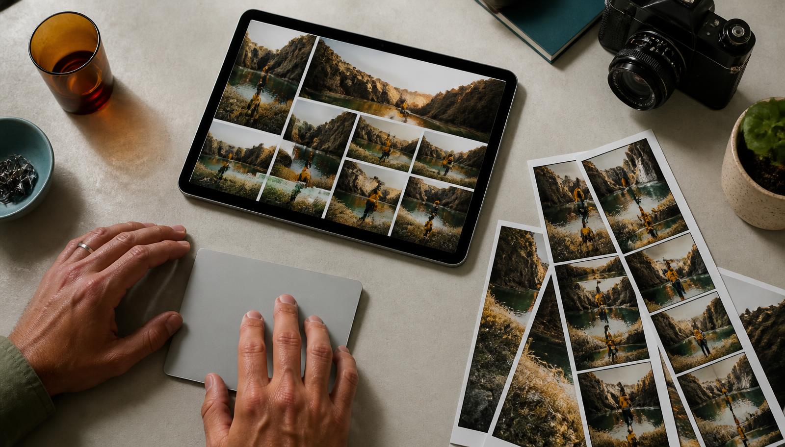 Hands at a trackpad beside a tablet showing the same photograph cropped several ways, with printed contact sheets alongside.