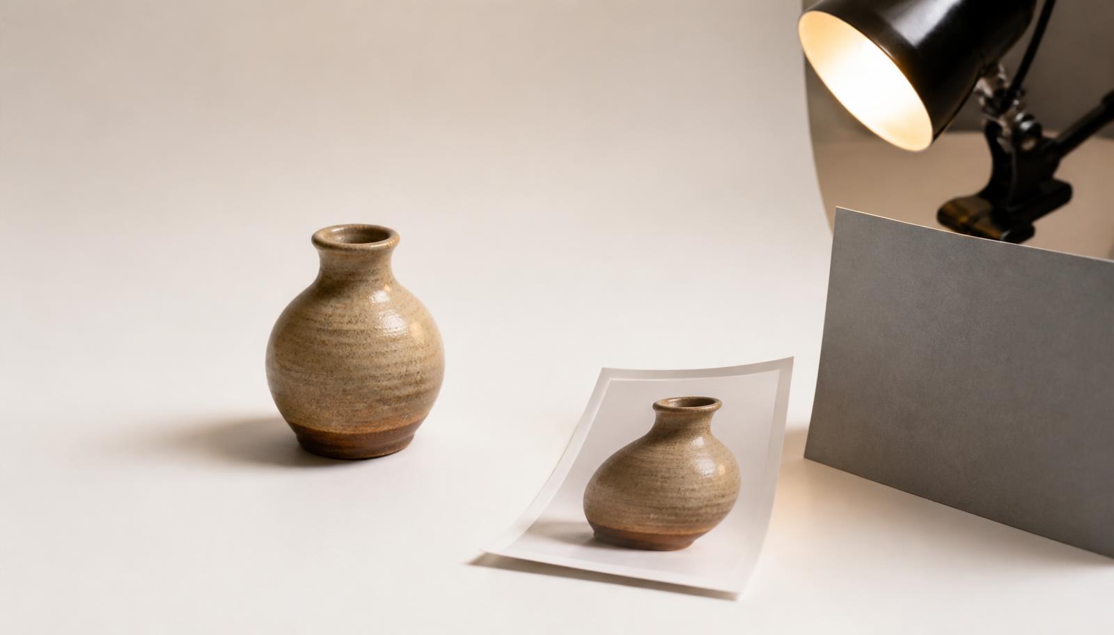 A ceramic vase lit on a white sweep next to a printed cut-out of the same object and a clip lamp.