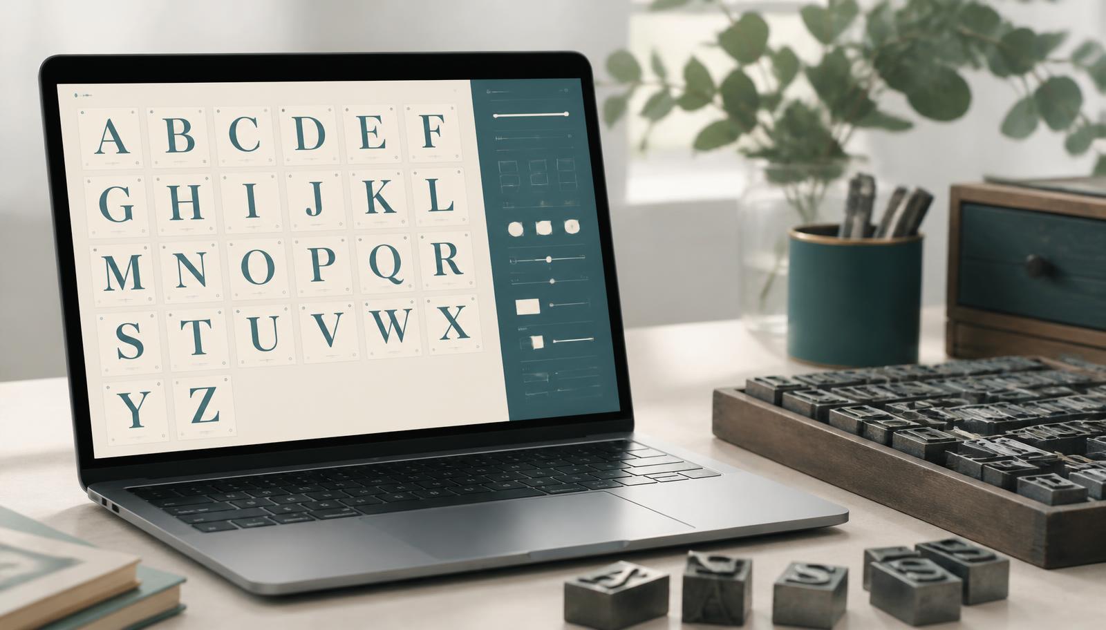 A laptop showing an alphabet specimen grid beside a tray of letterpress metal type blocks.