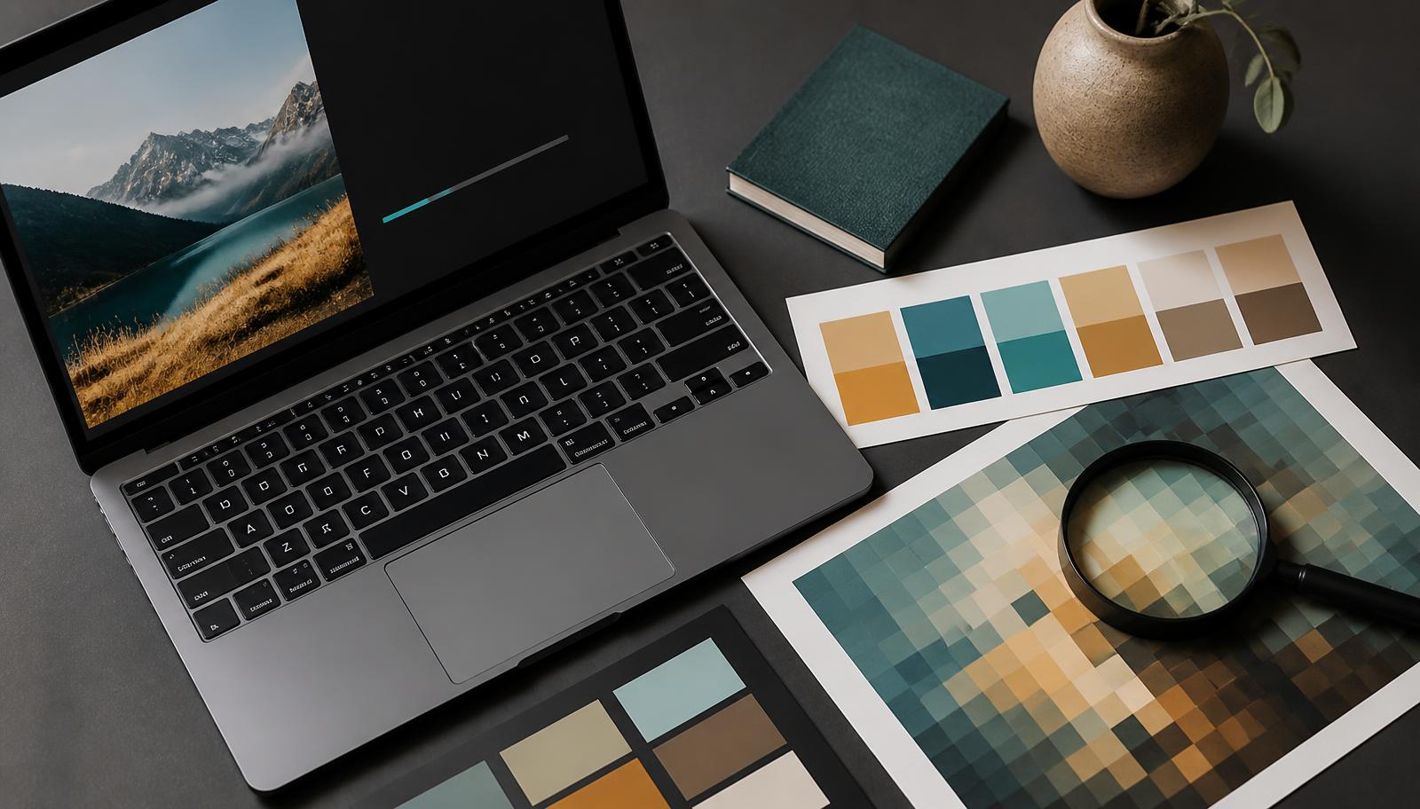 A laptop displaying a partly loaded photograph beside printed colour swatch cards and a magnifier over a pixelated print.