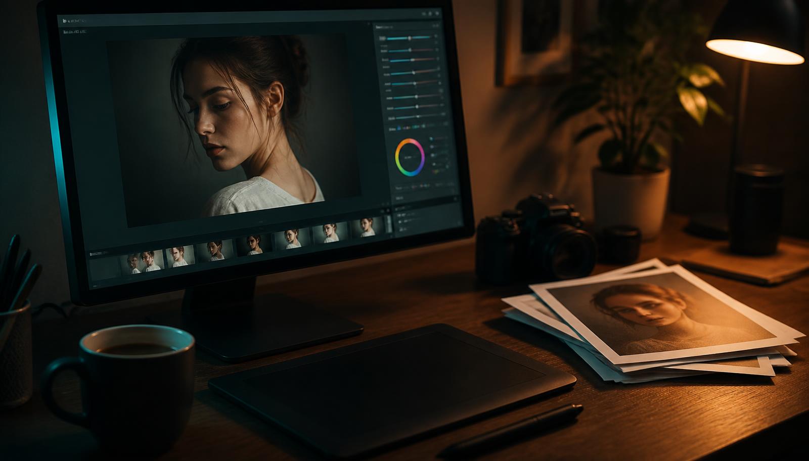 A monitor showing a portrait open in an editing interface with adjustment sliders, beside printed portraits and a pen tablet.